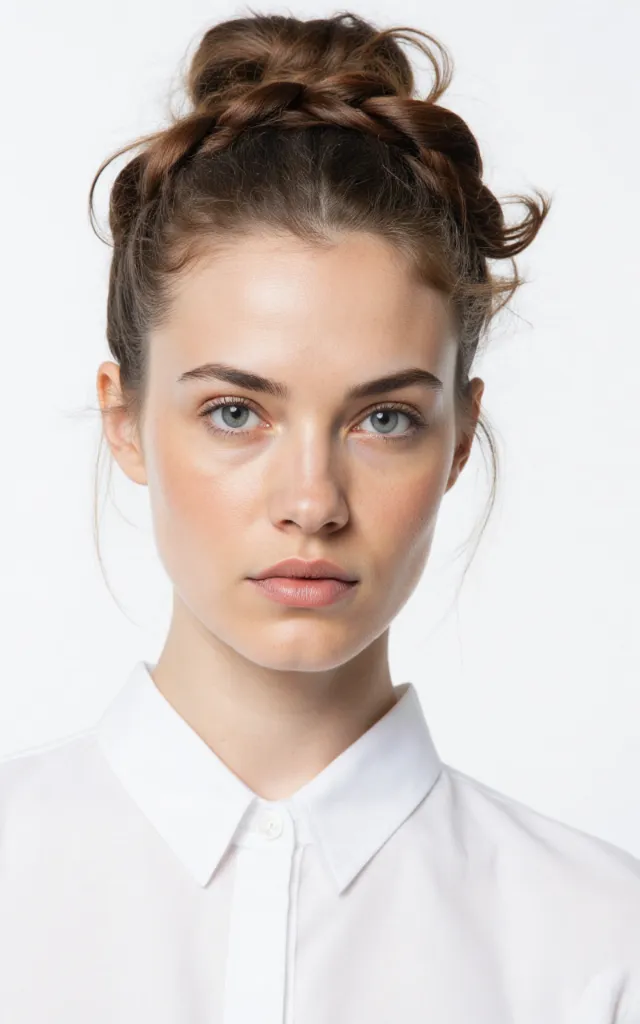 A French female model with a Braid   and   bun combination, wearing a shirt, against a white background, in a front   facing bust portrait